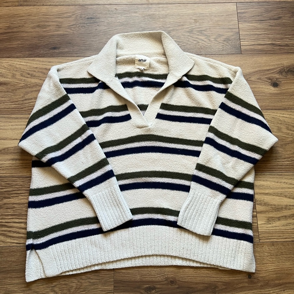 Aerie Polo Sweater Womens Medium Cream Blue Green Striped Excellent Oversized